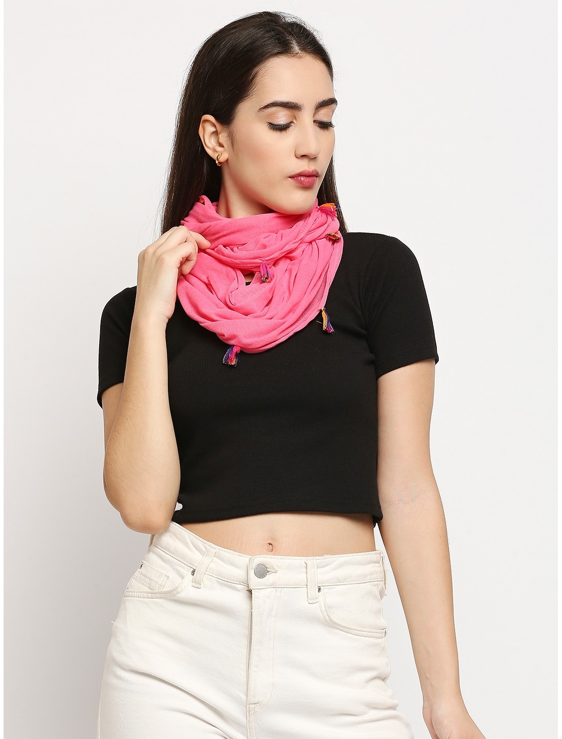 Get Wrapped | Get Wrapped Pink Jersey Snood Scarf with multi color Tassel  for Women