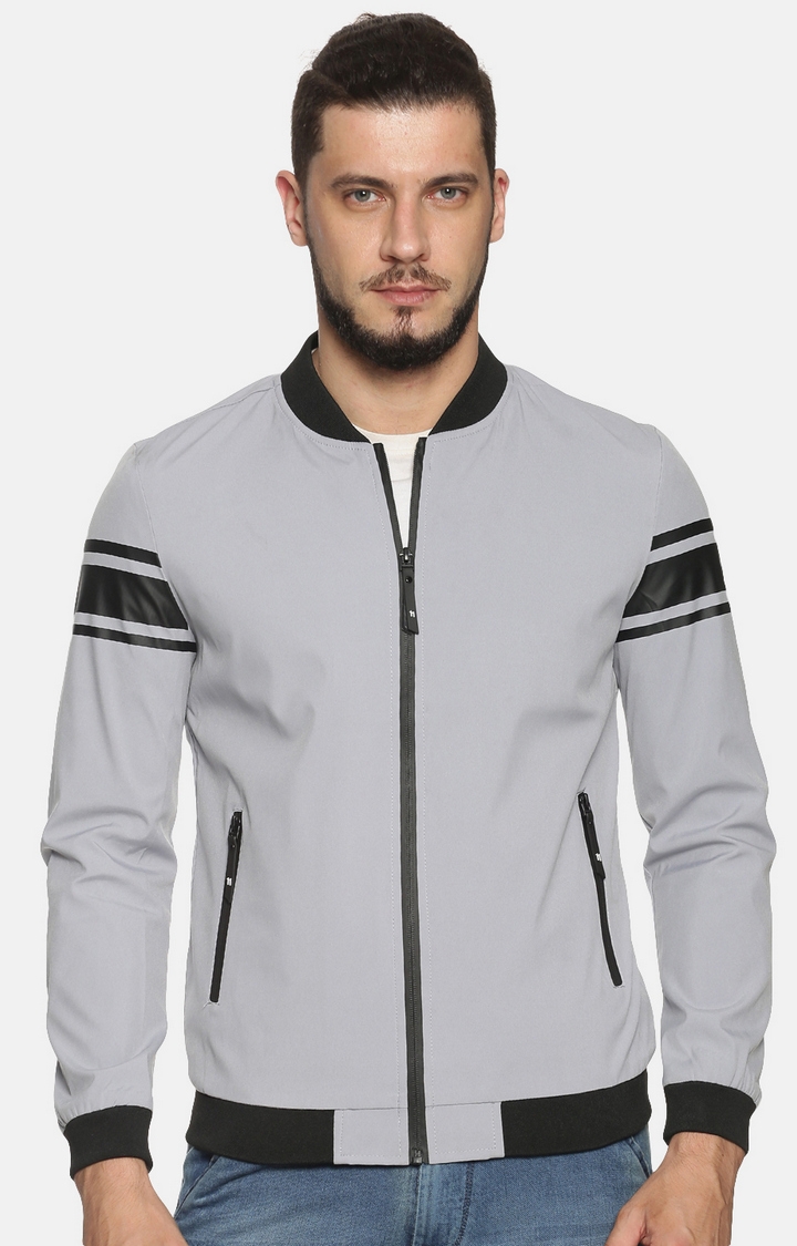 Men Grey Casual Solid Sporty Jacket
