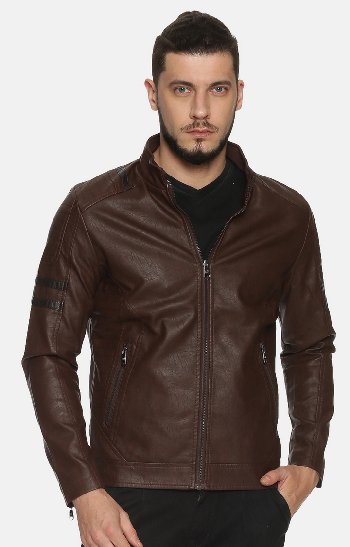 Men Coffee Casual Solid Leather Jacket