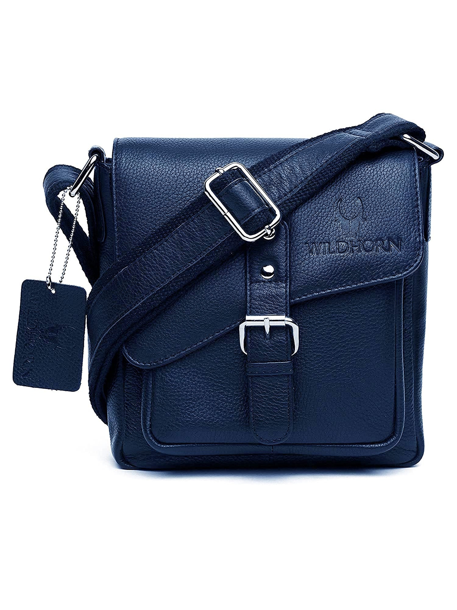 WildHorn | WildHorn 100% Genuine Classic Leather Blue Sling Bag for Men
