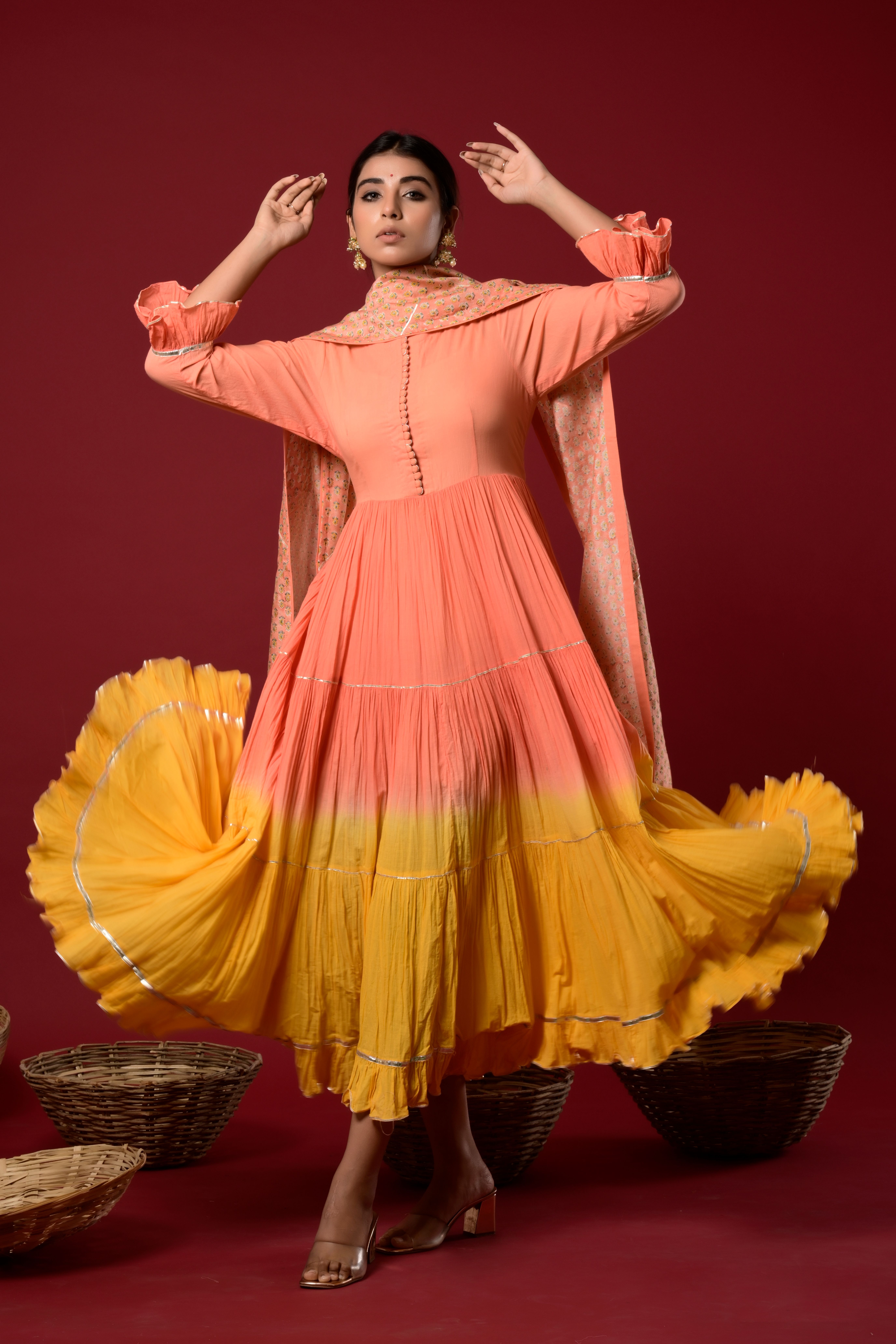 Orange tiered shaded dress with printed chanderi dupatta
