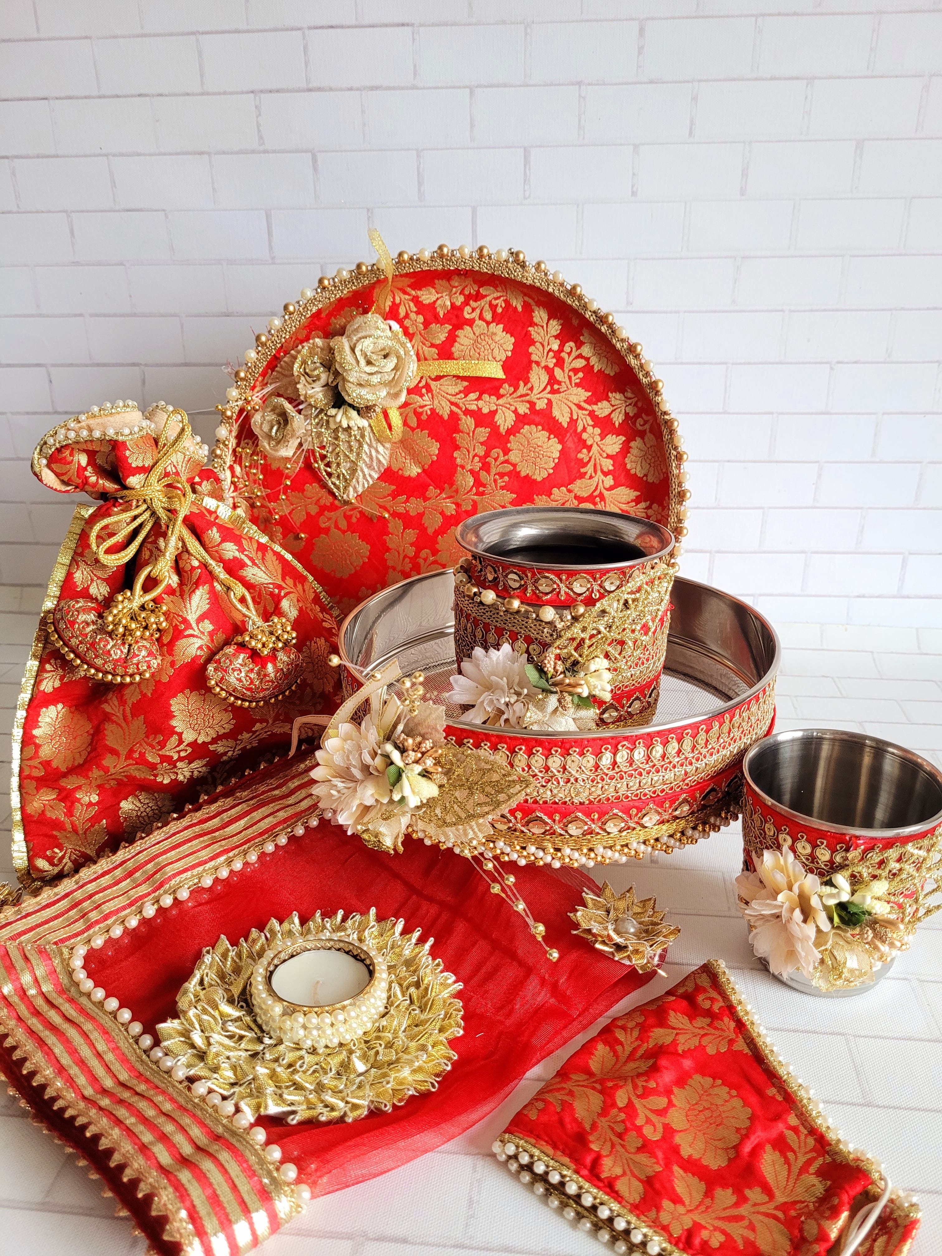 Red & Gold Floral Brocade Karva Chauth Thali Set