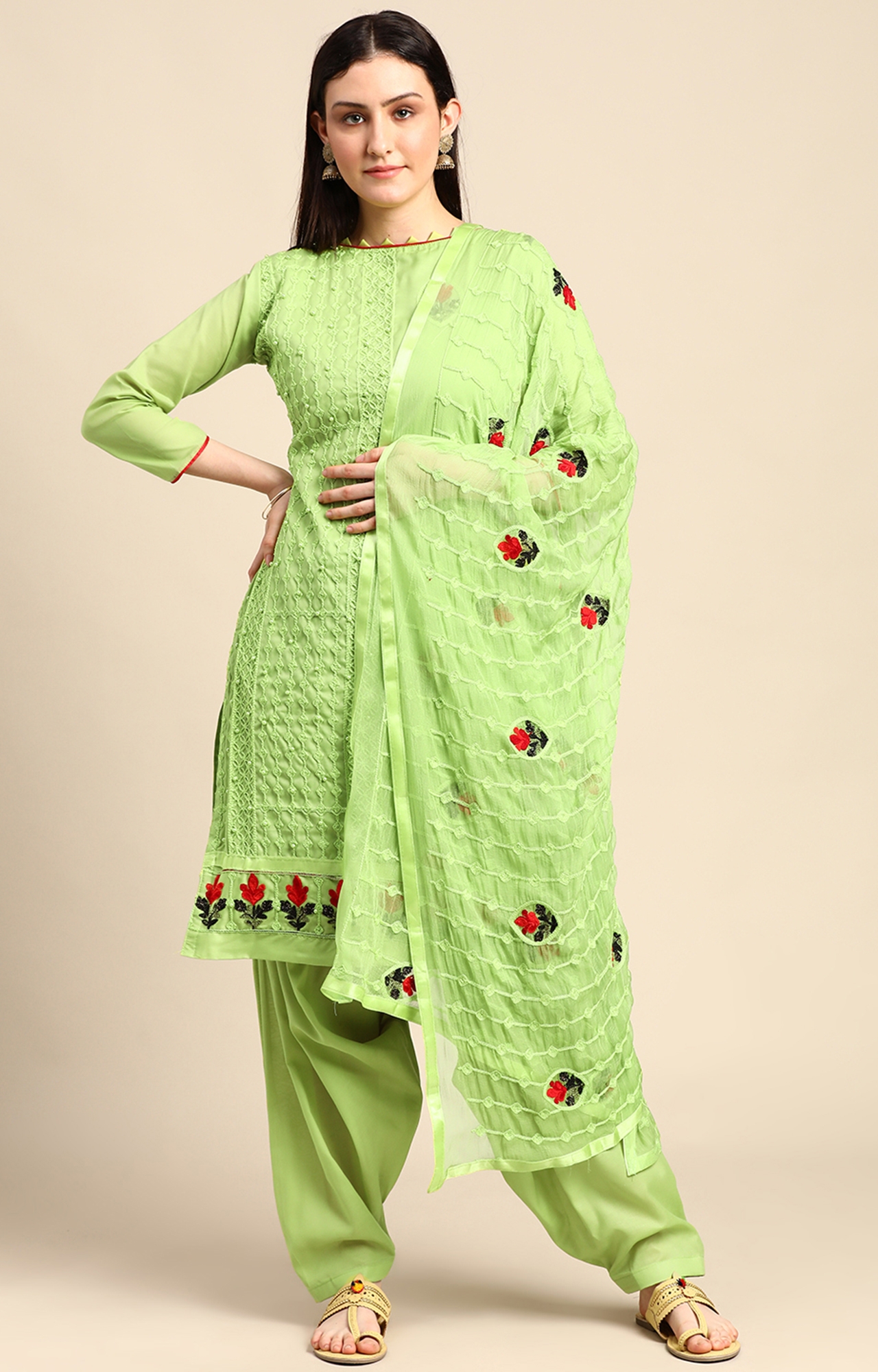 SHAILY RETAILS | Shaily Women Perrot Green Color Cotton Embroidered With Pearl Unstitched Dress Material-VF_BJP_PAGRN_DM