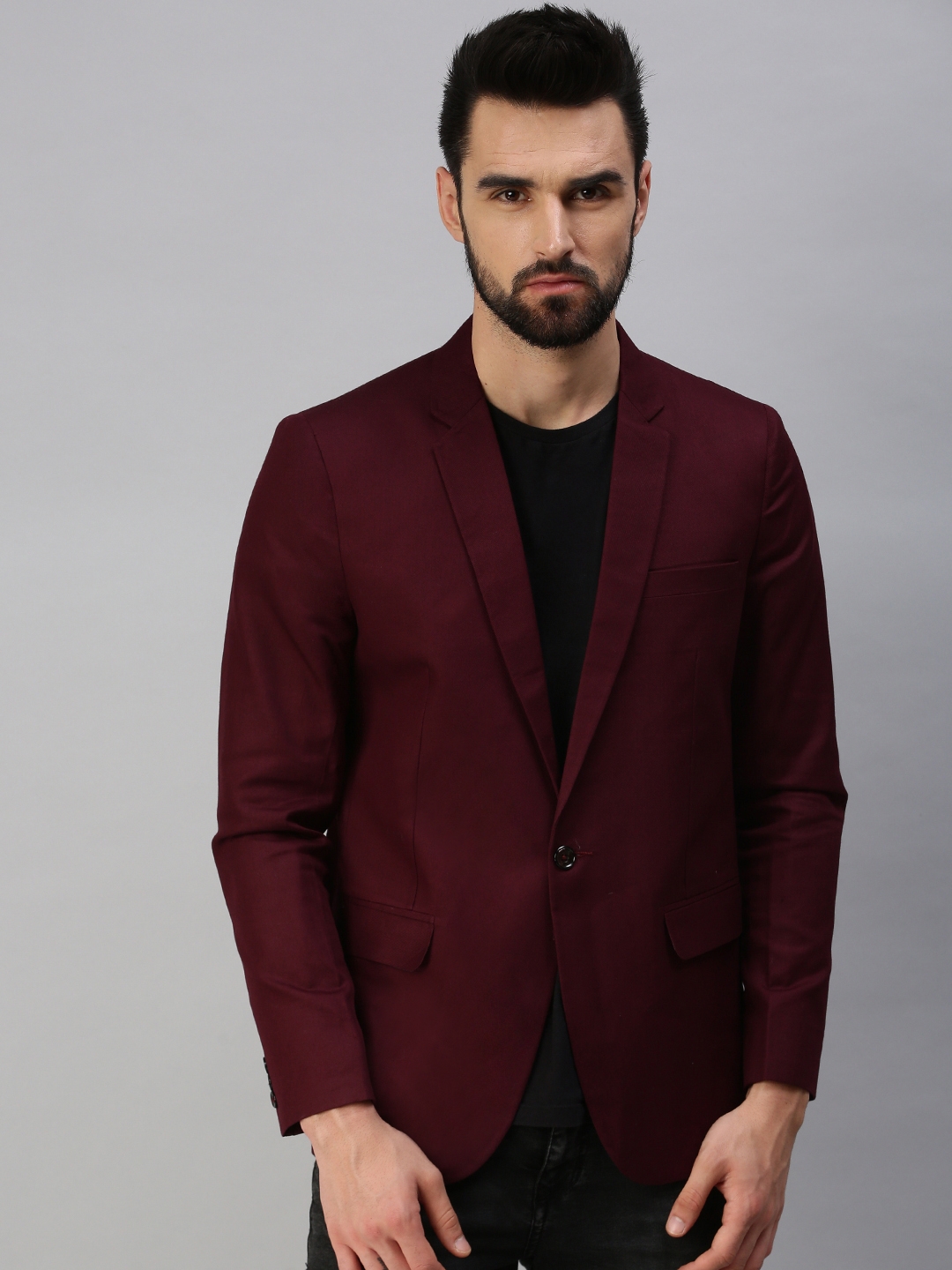Showoff | SHOWOFF Men's Notched Lapel Single-Breasted Maroon Solid Blazer