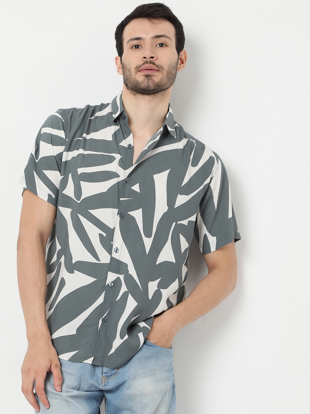 7 Shores Clothing | Grey and White Cactus Rayon Print Half Sleeve Shirt