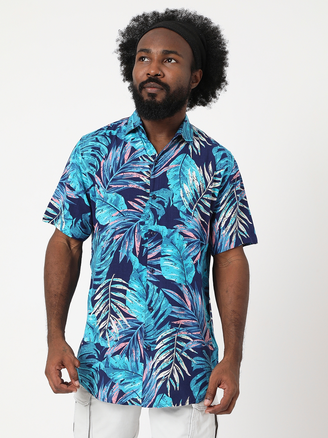 7 Shores Clothing | Bright Blue Tropical Print Rayon Half Sleeve Shirt