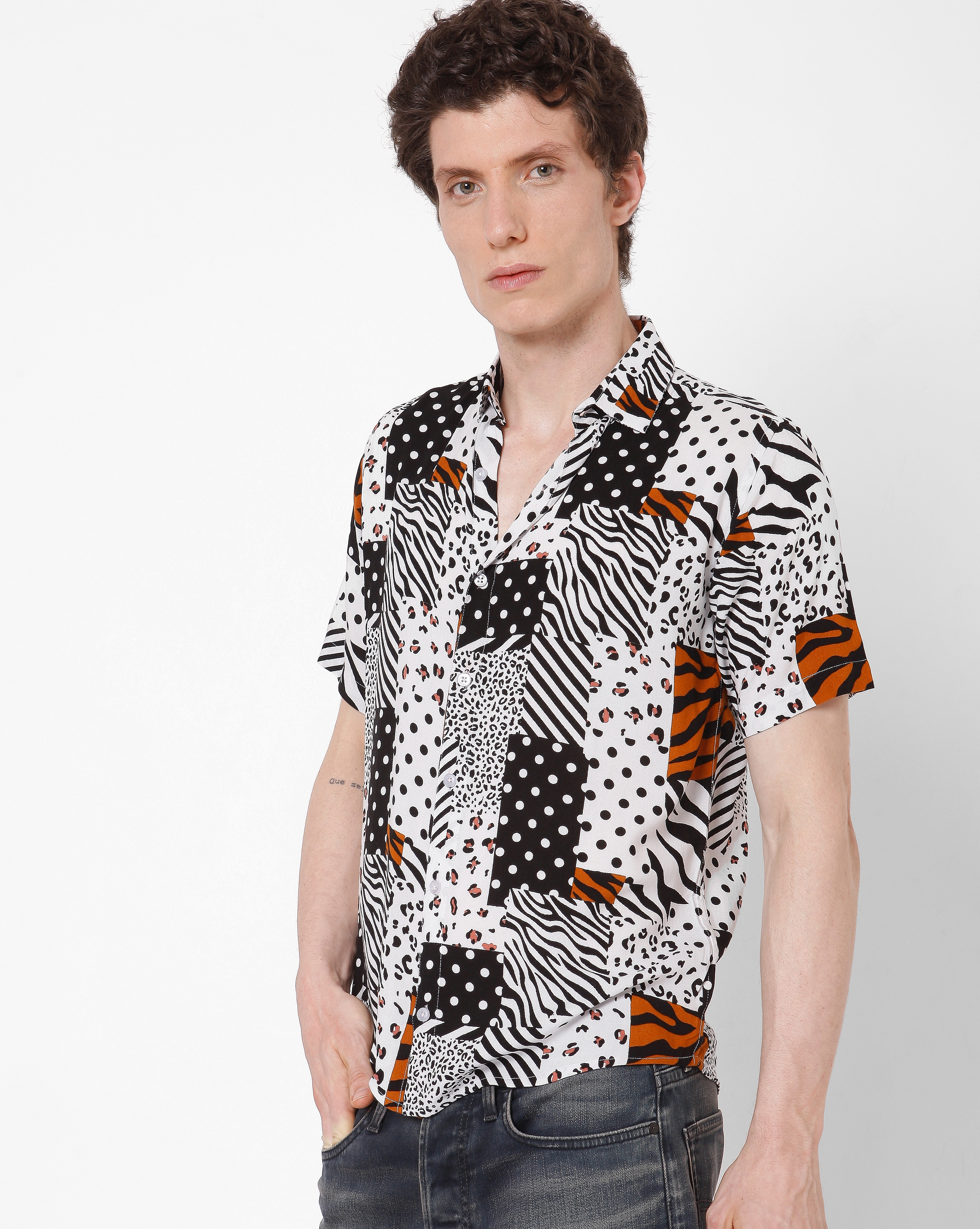 7 Shores Clothing | White Black Block Print Rayon Half Sleeve Shirt