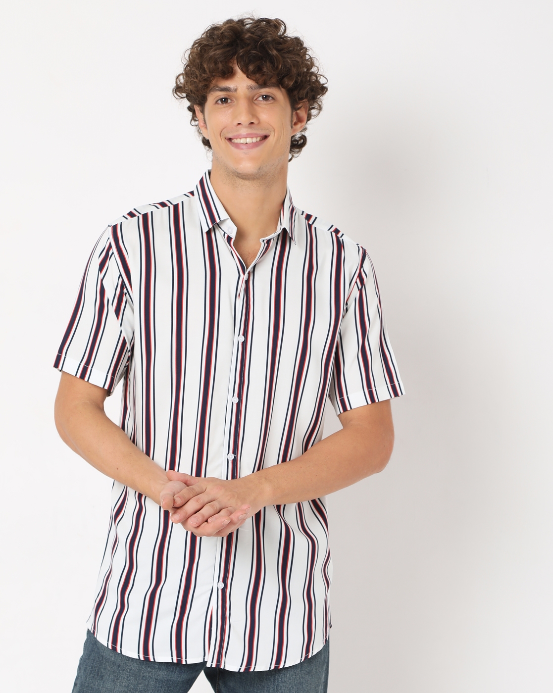 7 Shores Clothing | White & Red Stripes Rayon Printed Half Sleeve Shirt