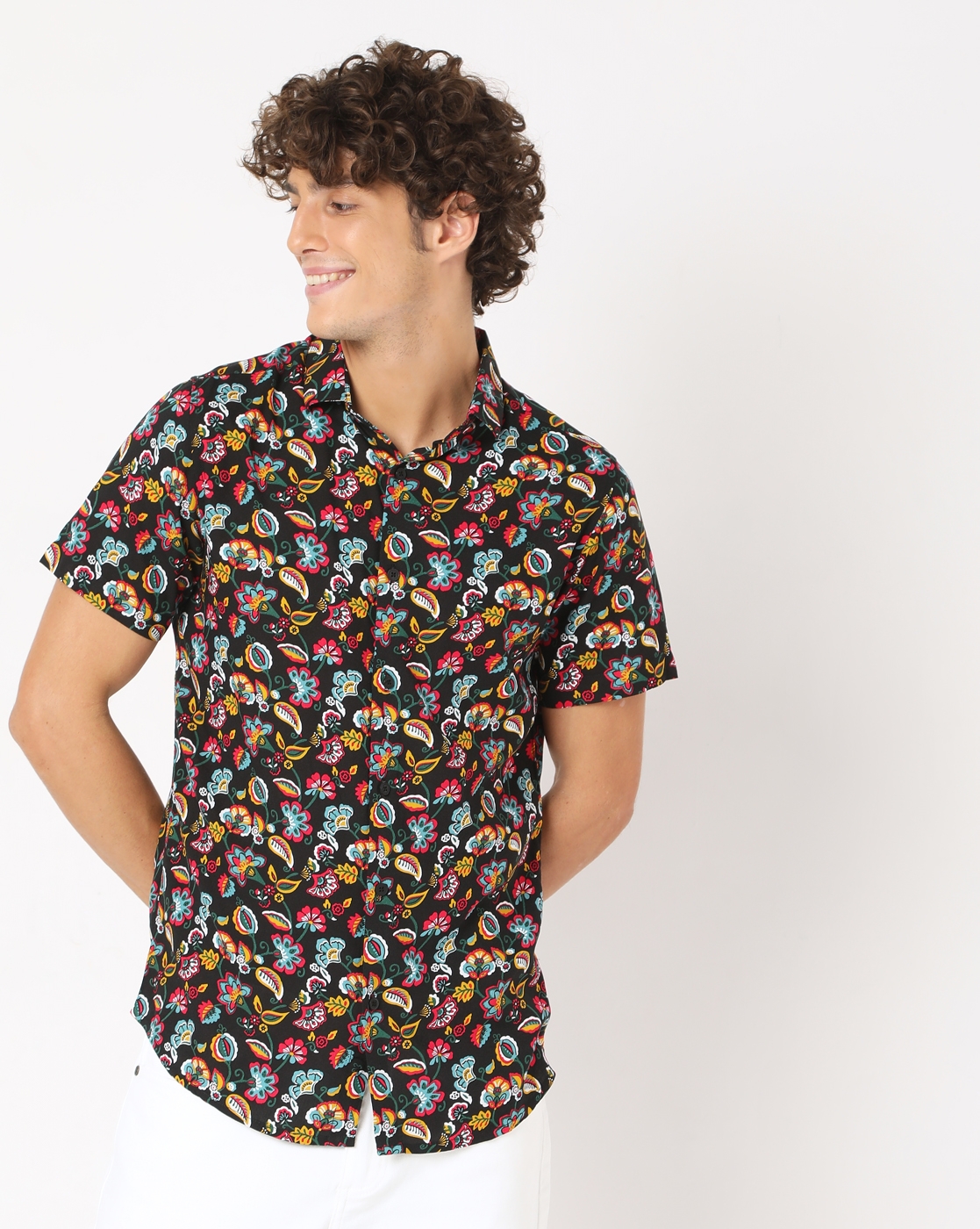 7 Shores Clothing | Black Multicolor Floral Rayon Half Sleeve Shirt