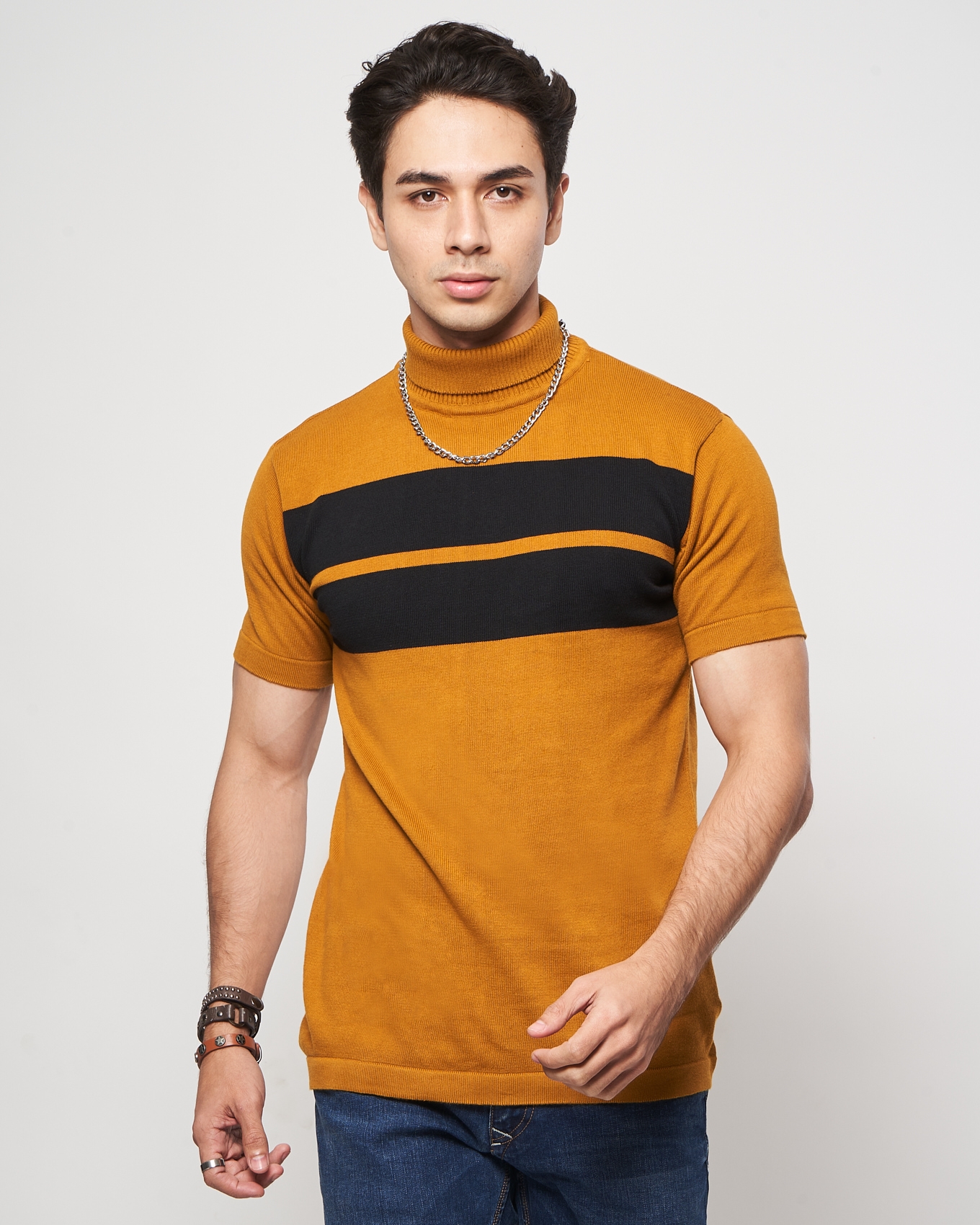 7 Shores Clothing | Mustard Bold Striped Flat Knit Turtle Neck T-Shirt