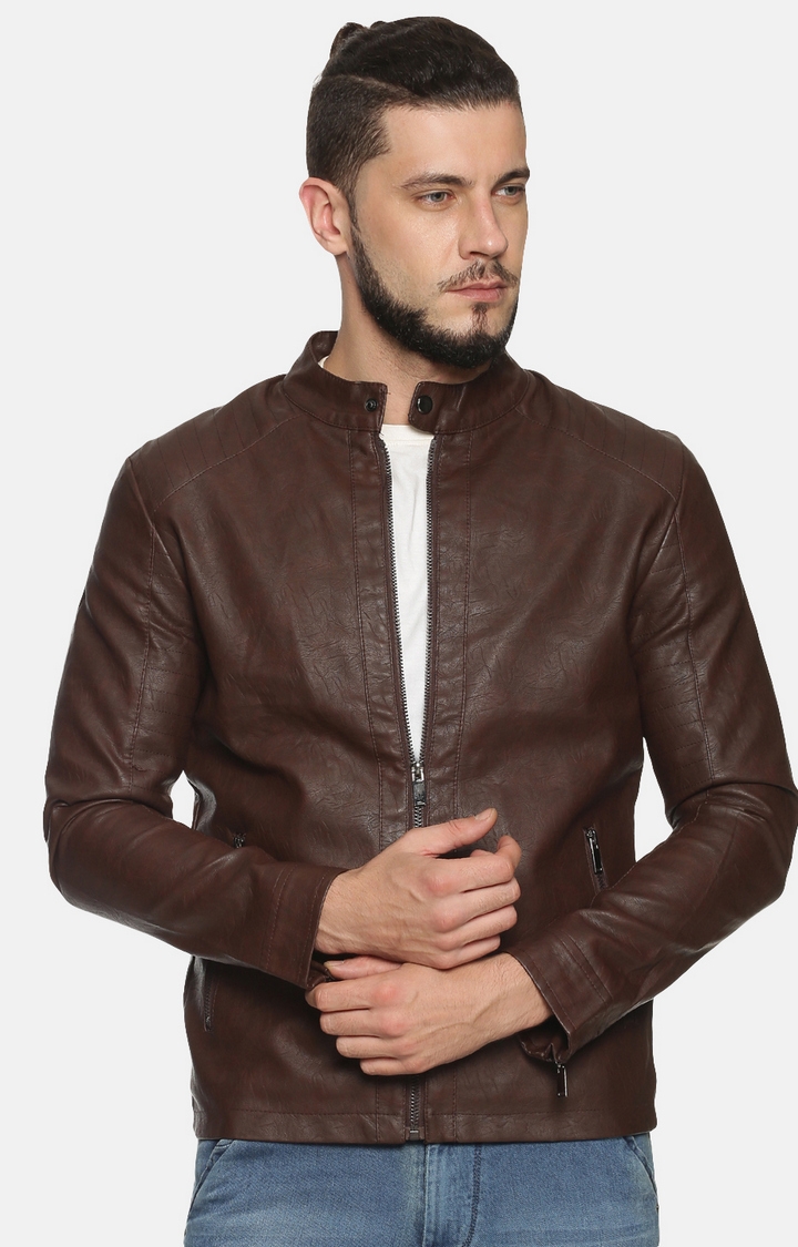 Men Brown Casual Solid Leather Jacket