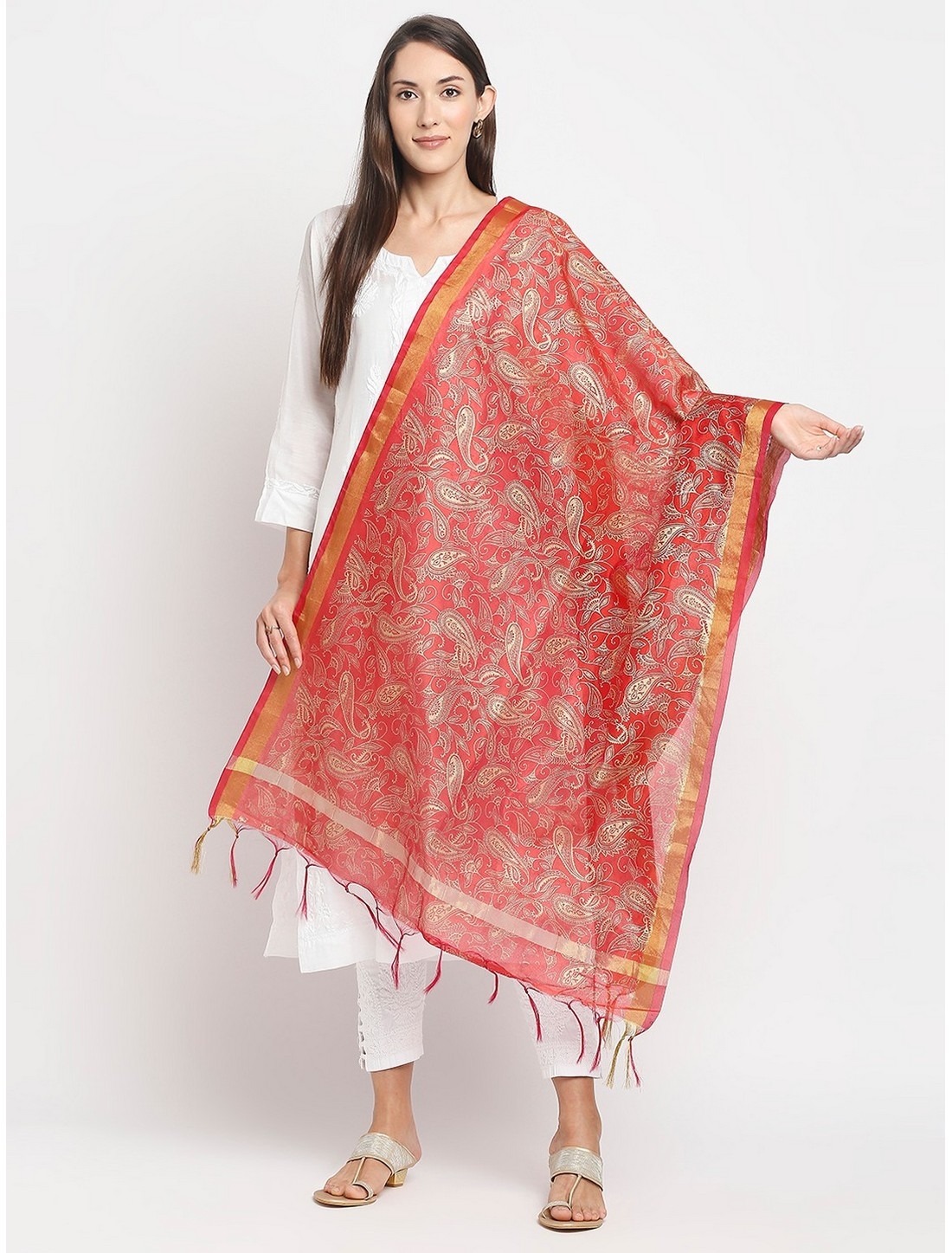 Get Wrapped | Get Wrapped Red  Foil Printed Dupatta with Borders  for Women
