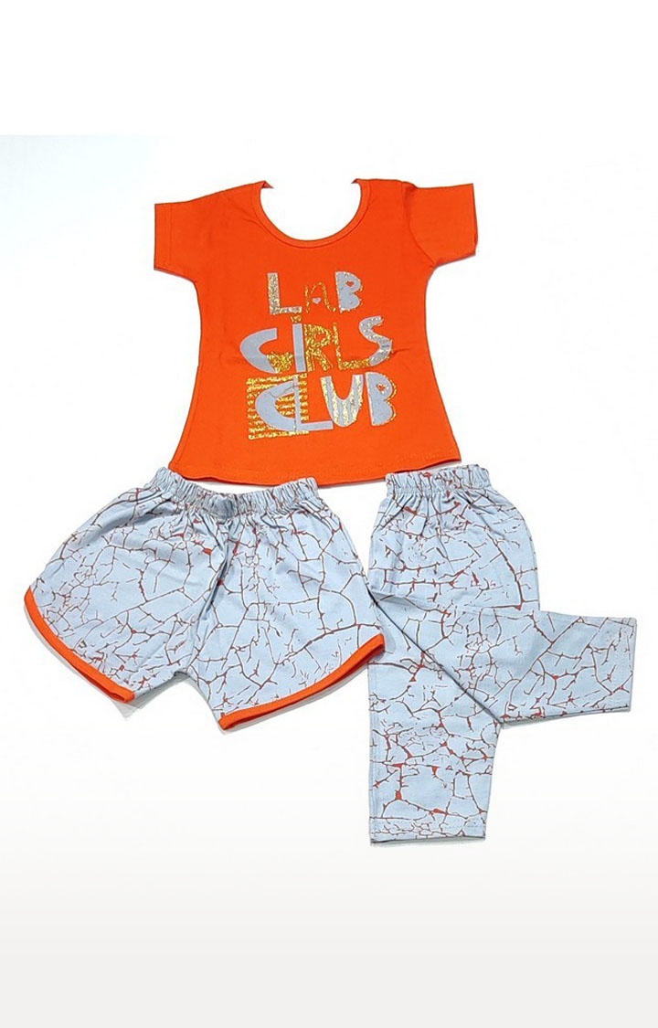 AAAKAR | Girl's Orange Graphic Printed Top, Capri And Shorts Combo Pack