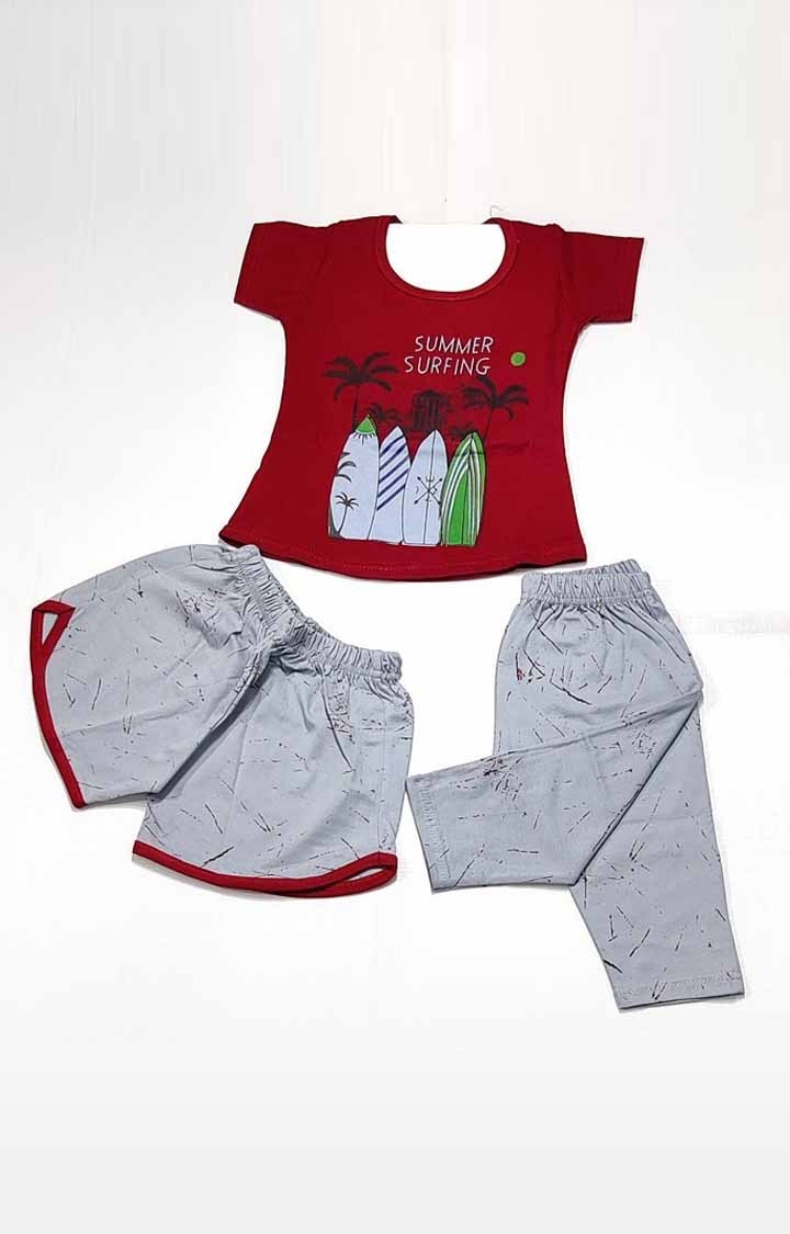 AAAKAR | Girl's Red Graphic Printed Top, Capri And Shorts Combo Pack