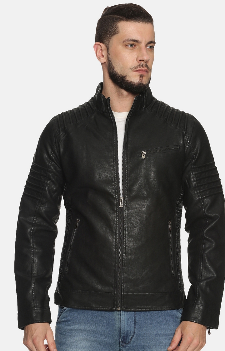 Men Black Casual Solid Leather Jacket