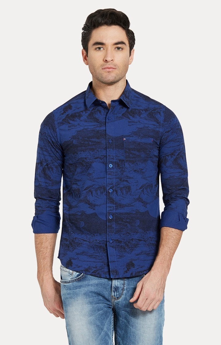 Spykar Blue Printed Slim Fit Casual Shirt