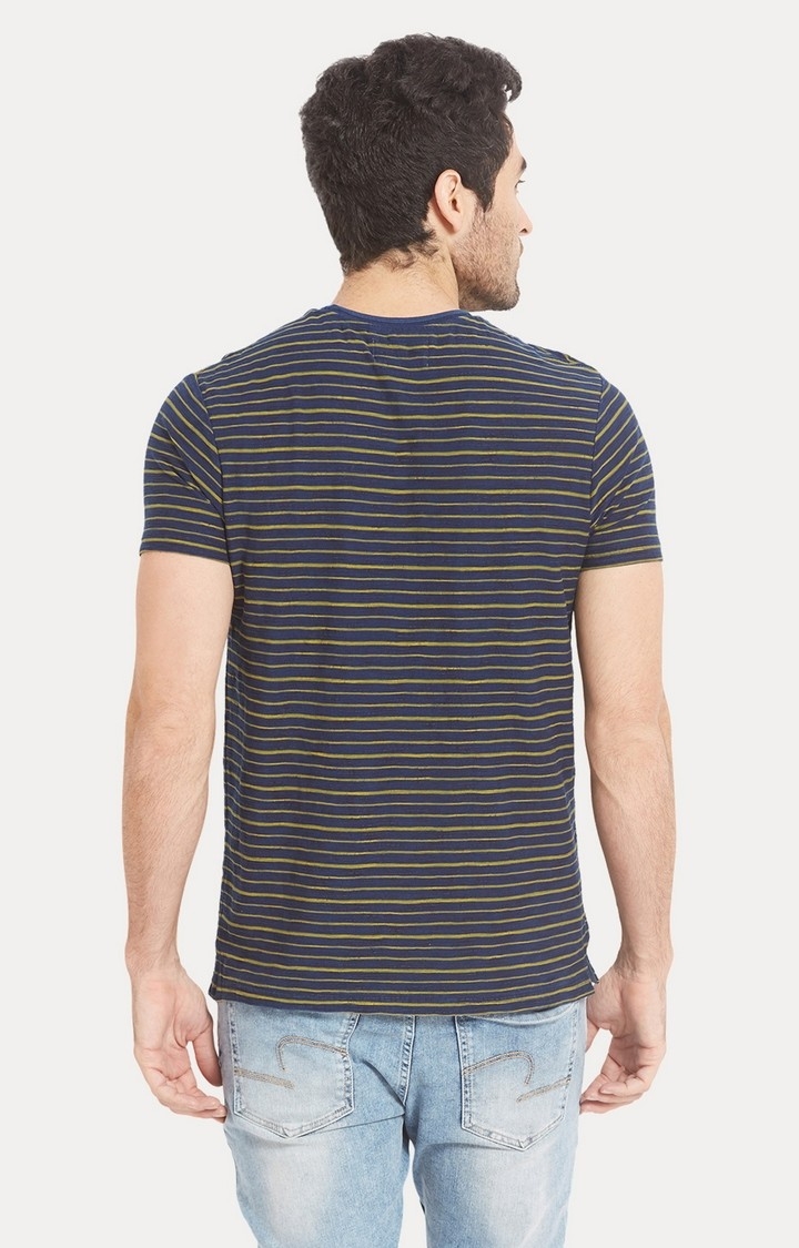 Spykar Navy & Yellow Striped Slim Fit T-Shirt