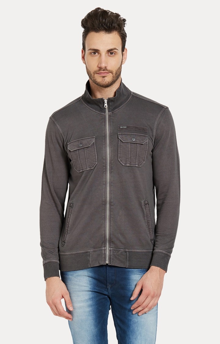 spykar Charcoal Solid Slim Fit Bomber Jackets