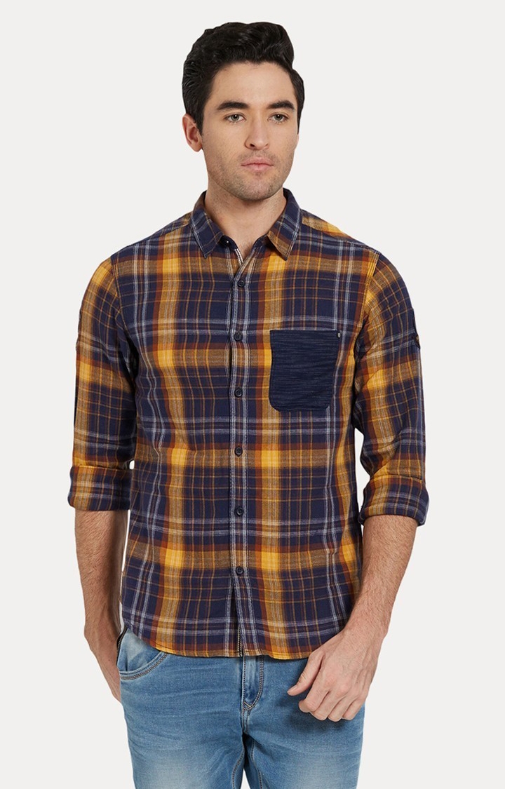 Spykar Yellow And Navy Blue Checked Slim Fit Casual Shirt