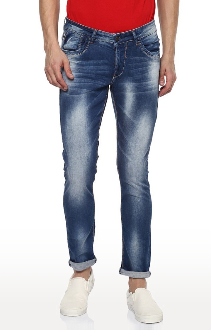 Spykar Blue Cotton Slim Fit Tapered Ankle length Jeans For Men