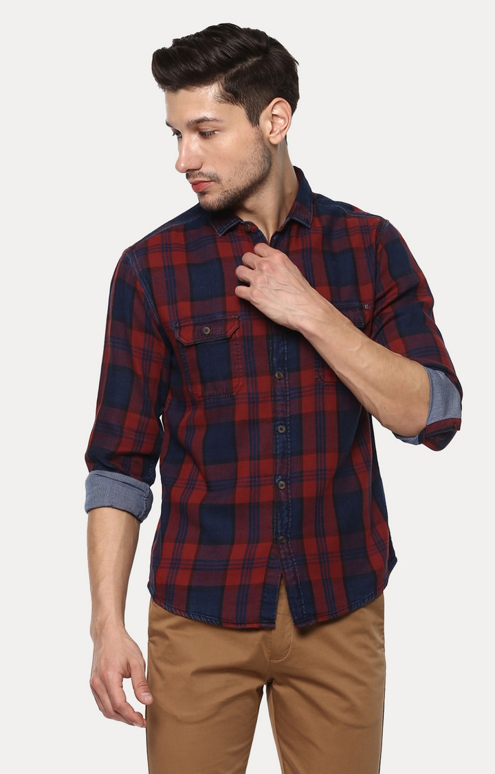 Spykar Red & Blue Checked Slim Fit Casual Shirt