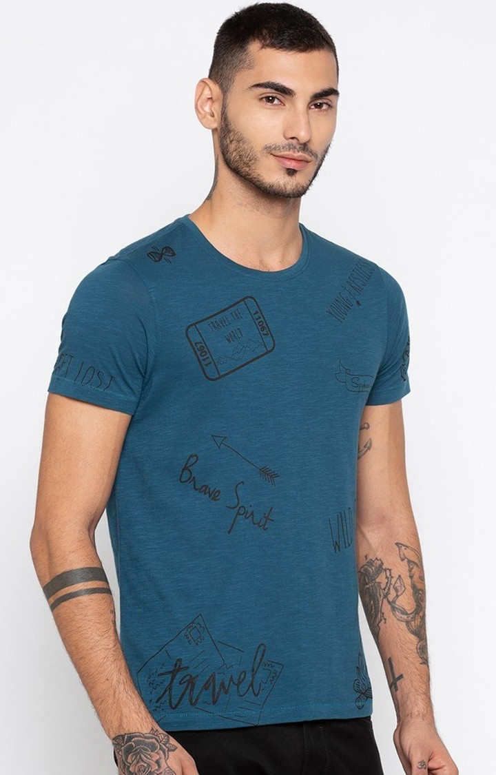 Spykar Blue Printed Slim Fit T-Shirt