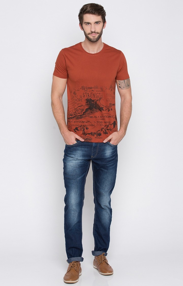 Spykar Burnt Orange Printed Slim Fit T-Shirt