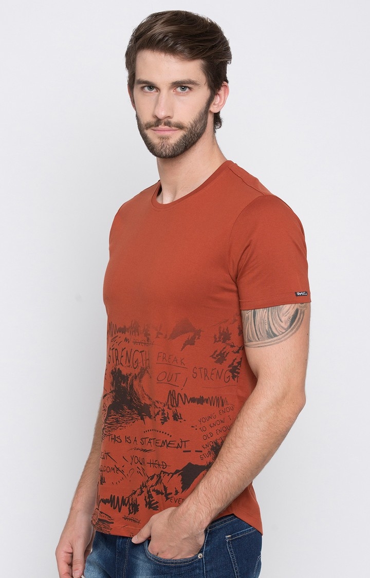 Spykar Burnt Orange Printed Slim Fit T-Shirt