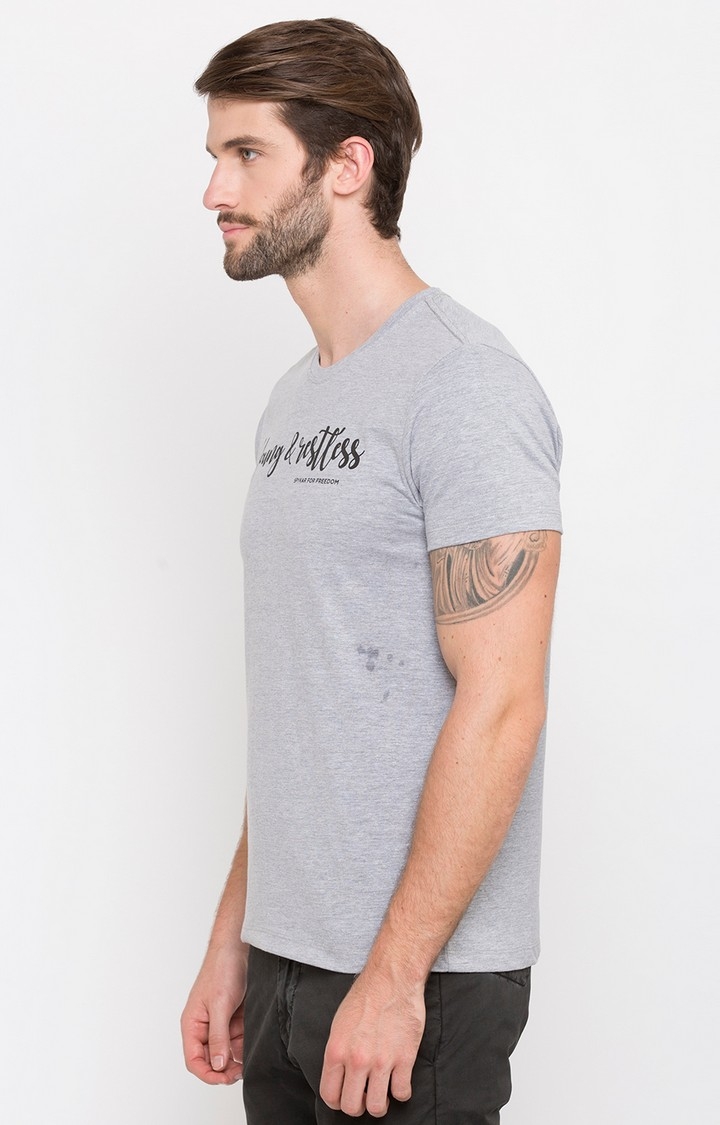 Spykar Grey Printed Slim Fit T-Shirt
