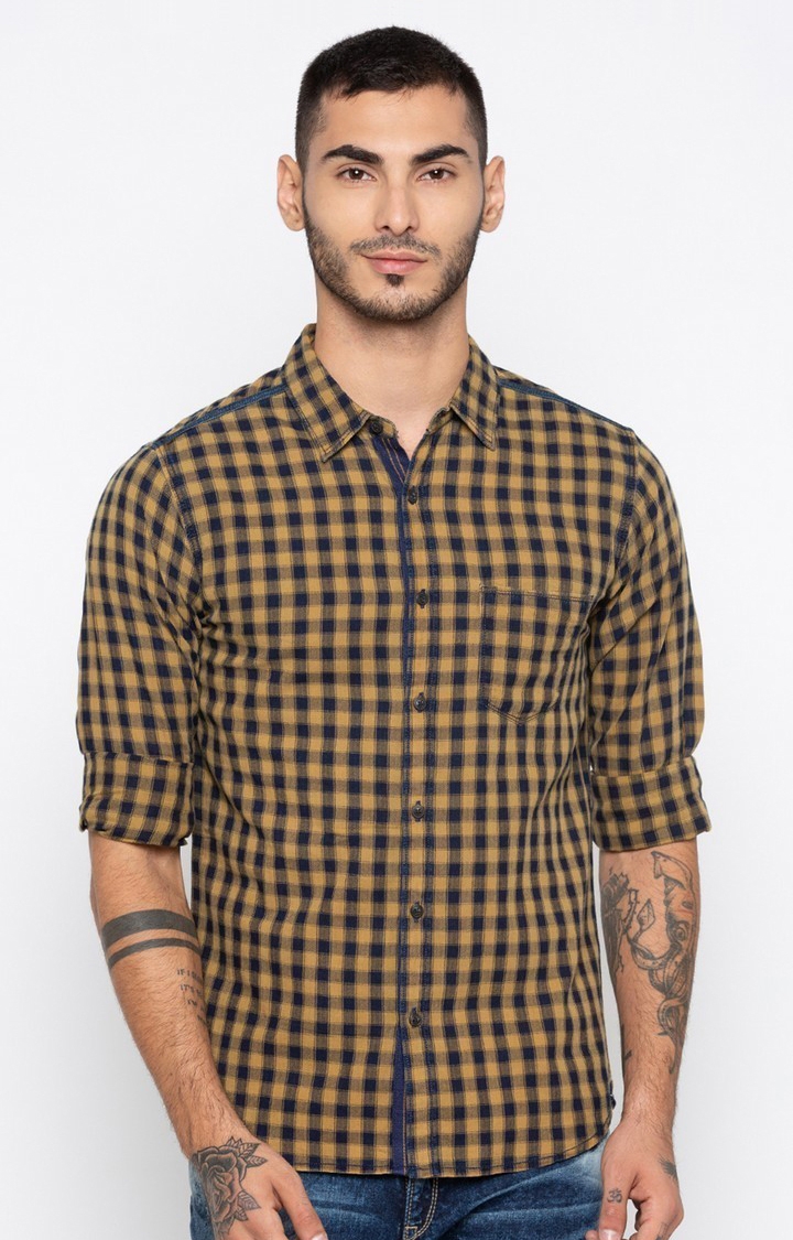 Spykar Navy And Light Brown Checked Slim Fit Casual Shirt