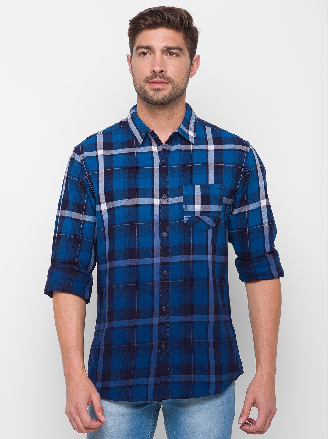 Spykar | Spykar Blue Cotton Regular Fit Shirts For Men