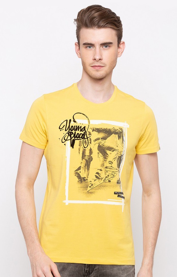 Spykar | Spykar Cotton Yellow Printed T-Shirt