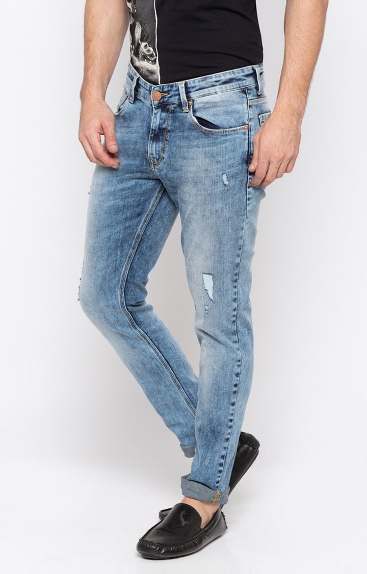 Men's Blue Cotton Ripped Straight Jeans