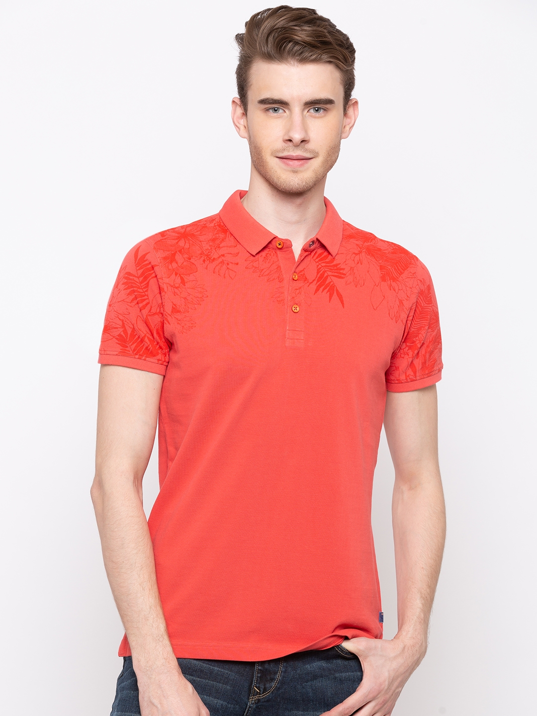 Spykar | spykar Pastle Orange Printed Slim Fit T-Shirt