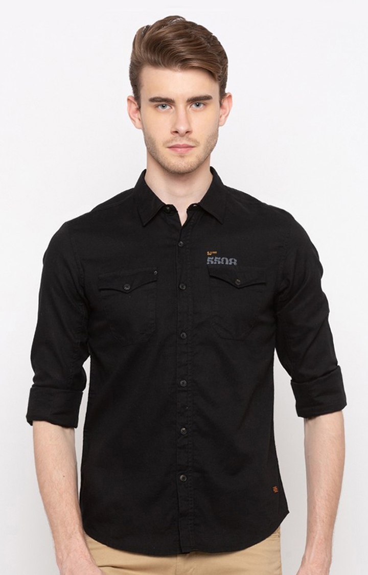 spykar | Men's Black Cotton Solid Casual Shirts
