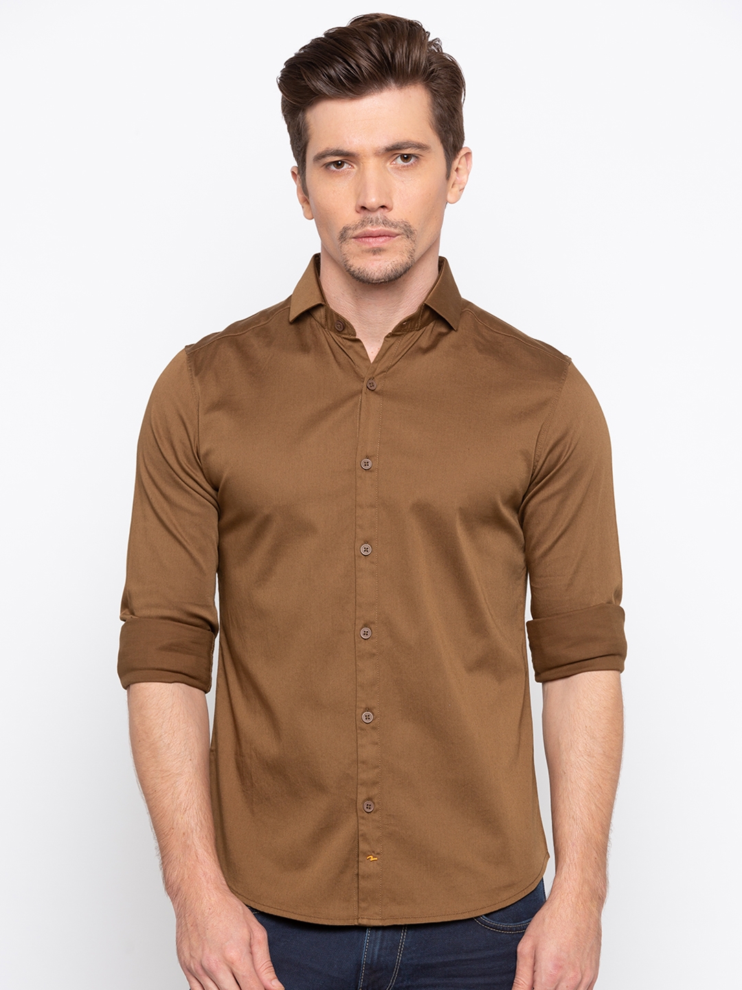 Spykar | spykar Khaki Solid Slim Fit Casual Shirt