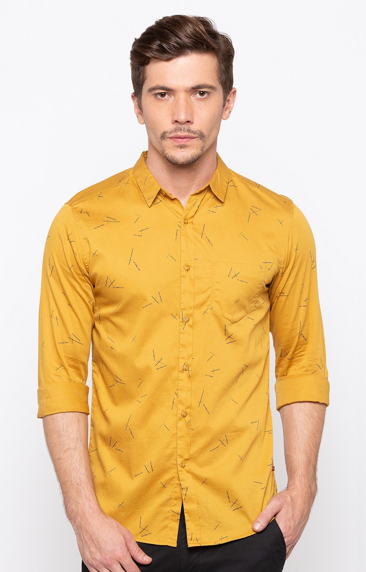 Spykar | Spykar Mustard Printed Slim Fit Casual Shirt