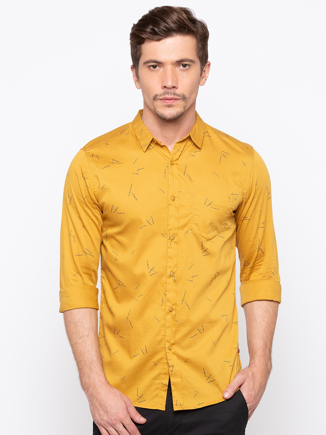 Spykar | spykar Mustard Printed Slim Fit Casual Shirt
