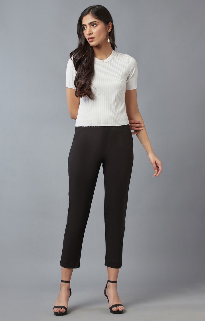 Women's Black Viscose Solid Trousers