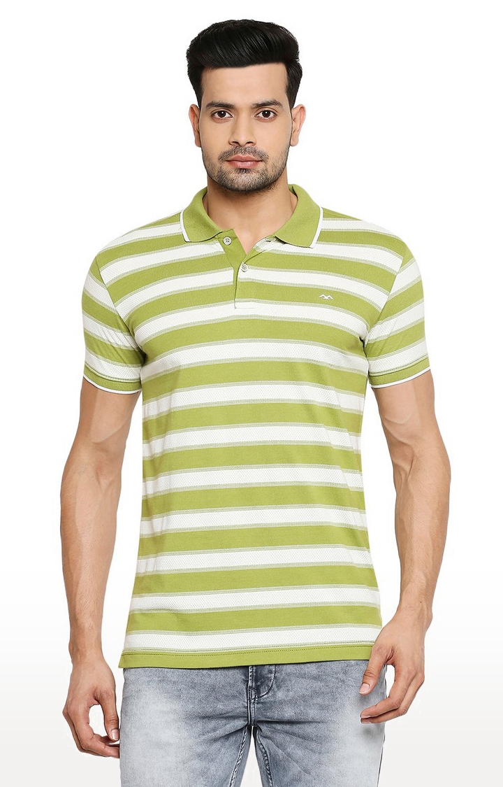  Men's White and Green Half Sleeves Slim Fit Polo T-Shirt