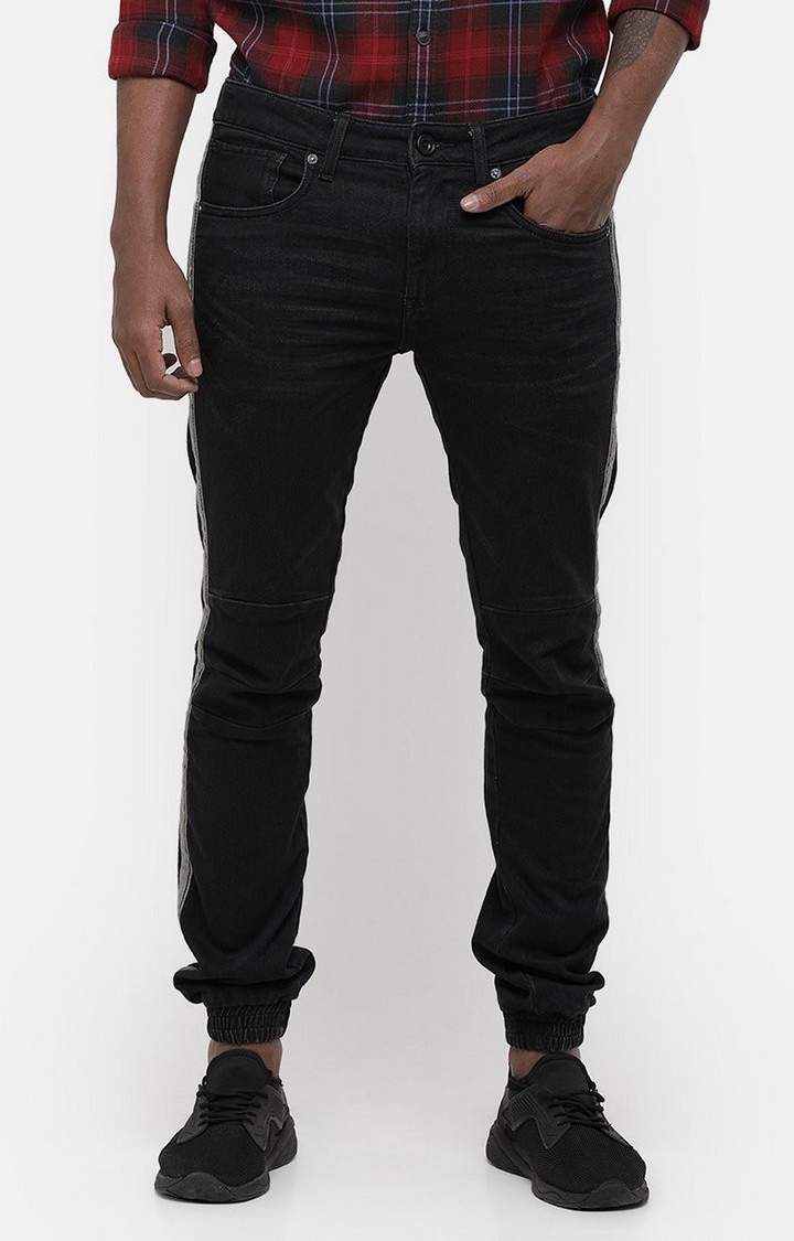 Voi Jeans | Men's Black Cotton Blend Slim Fit Joggers Jeans