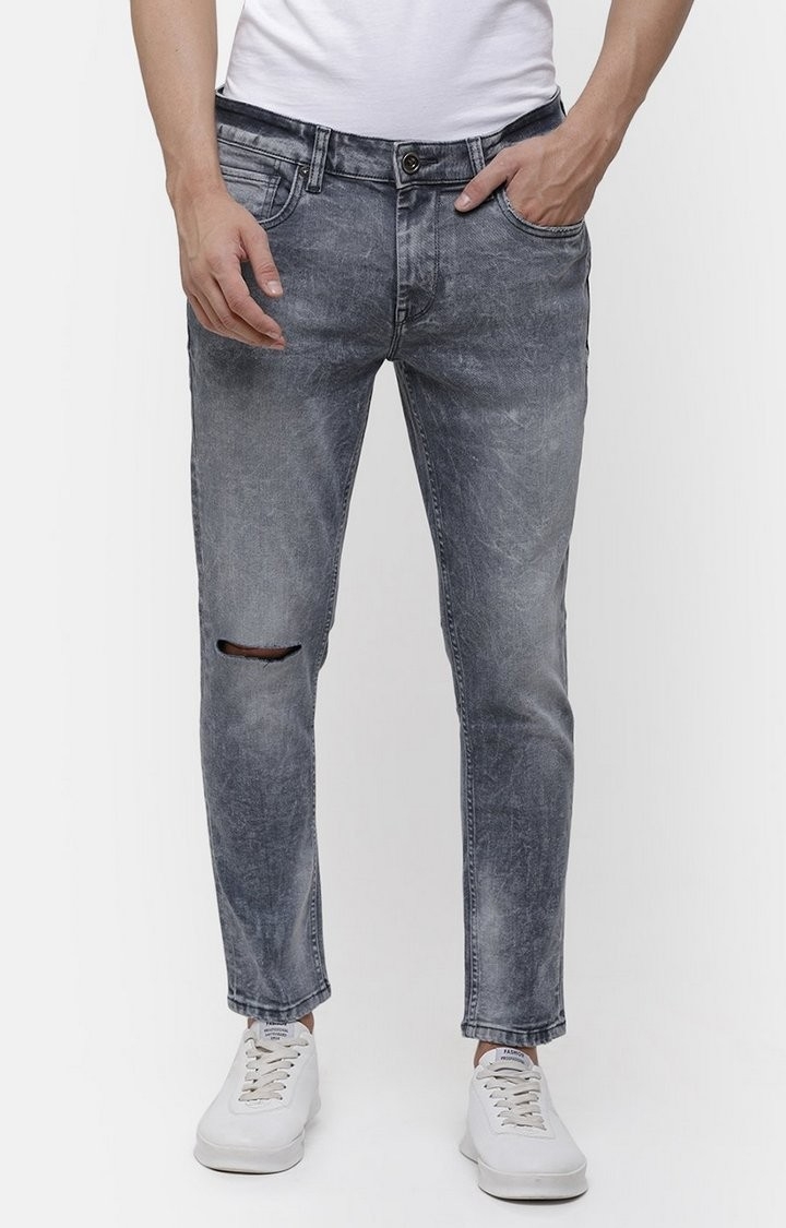 Voi Jeans | Grey Cotton Ripped Jeans for Men