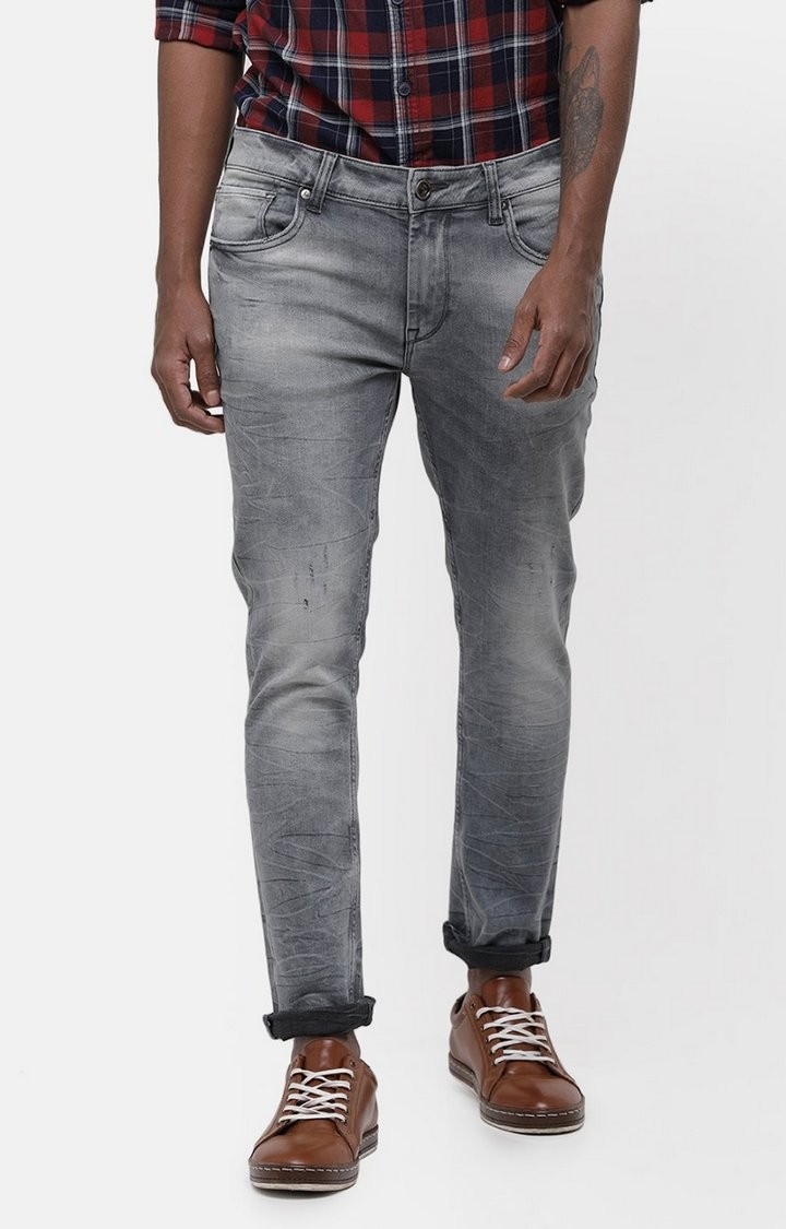 Grey Cotton Blend Slim Fit Jeans for Men