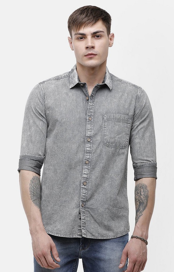 Voi Jeans | Grey Striped Casual Shirt For Men