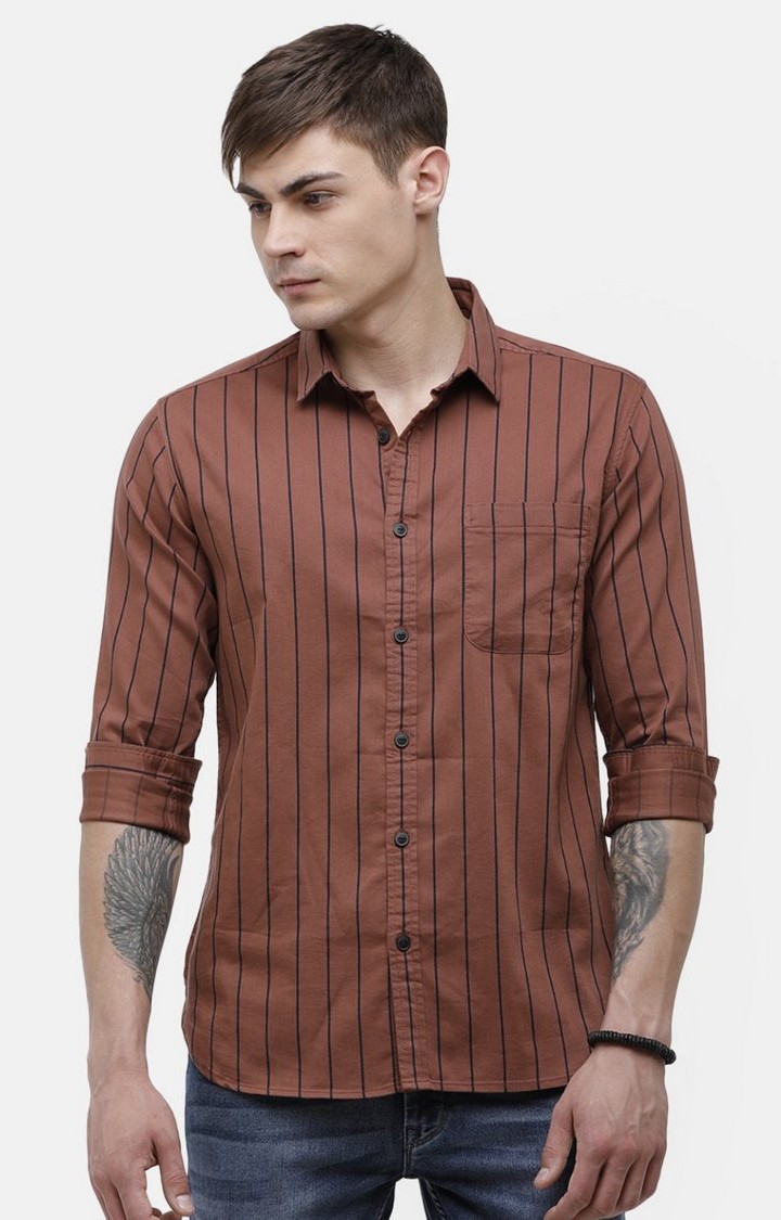 Voi Jeans | Brown Striped Casual Shirt For Men
