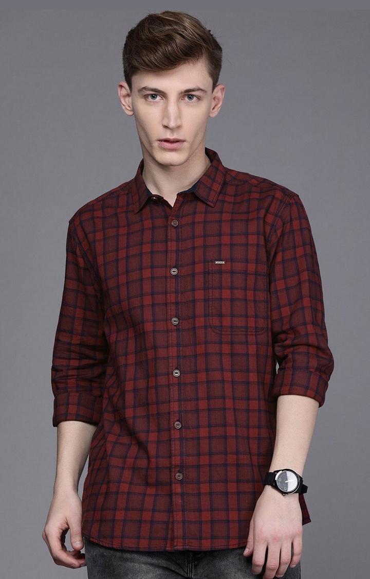 Voi Jeans | Men's Red Check Spread Collar Full Sleeve Shirts 