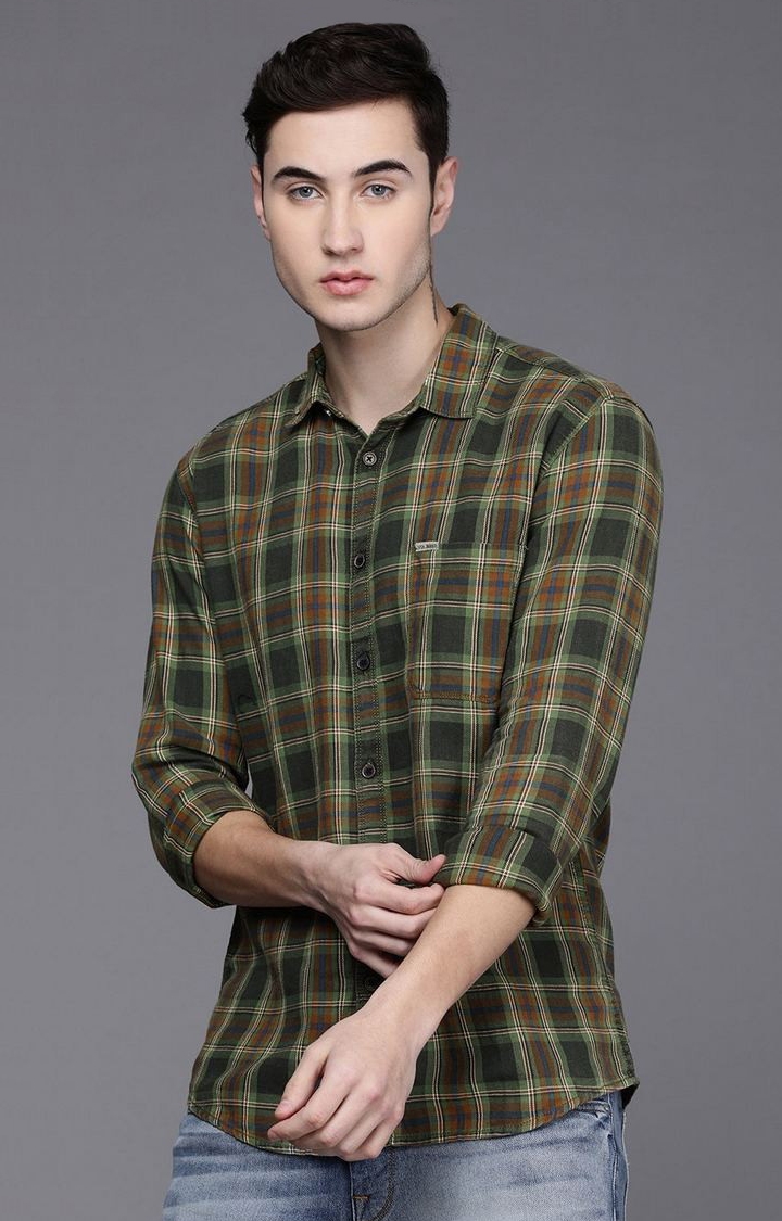 Voi Jeans | Men's Green Check Spread Collar Full Sleeve Shirts For Men