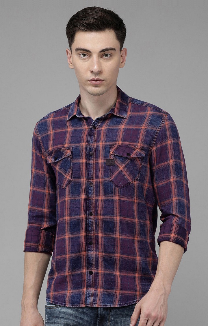Voi Jeans | Men Blue And Pink Washed Checks Shirt