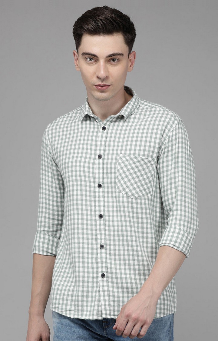 Voi Jeans | Men Green And White Slim Fit Checks Casual Shirt For Men