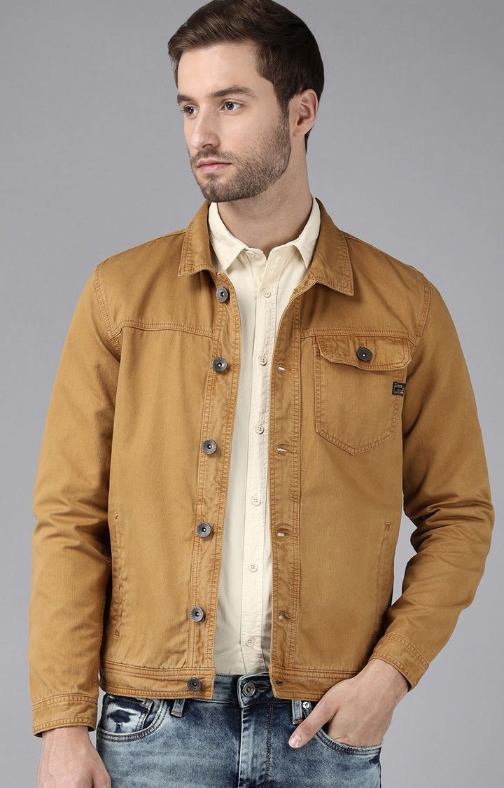 Voi Jeans | Men's Washed Mustard Solid Denim Jacket